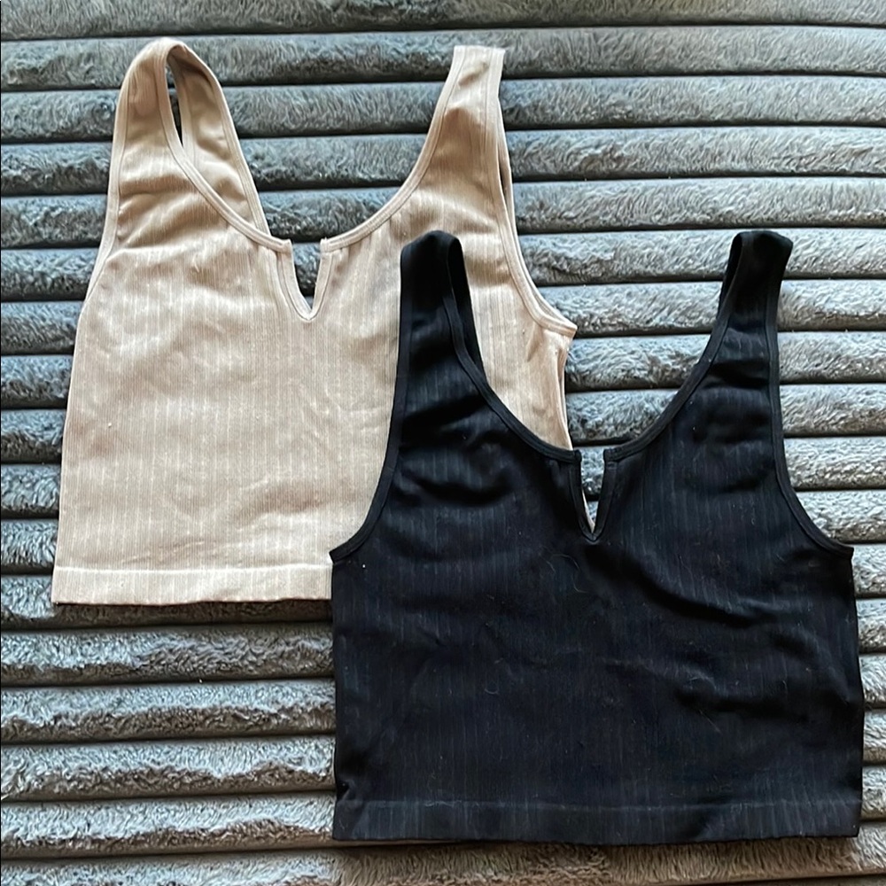 Forever 21 Tan and Black Ribbed Crop Tank Tops